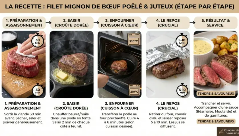 Étapes pour un filet mignon poêlé et juteux : préparation, saisie, cuisson au four, repos, puis dégustation avec sauce et garnitures.