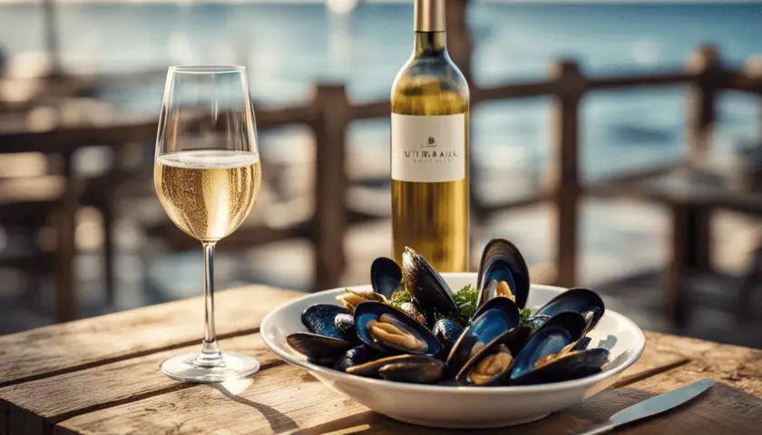 Un verre de vin d'Alsace pétillant et une assiette de moules fraîches sur une table en bois, avec la mer en arrière-plan. Parfait pour savoir quel vin d'Alsace avec des moules.