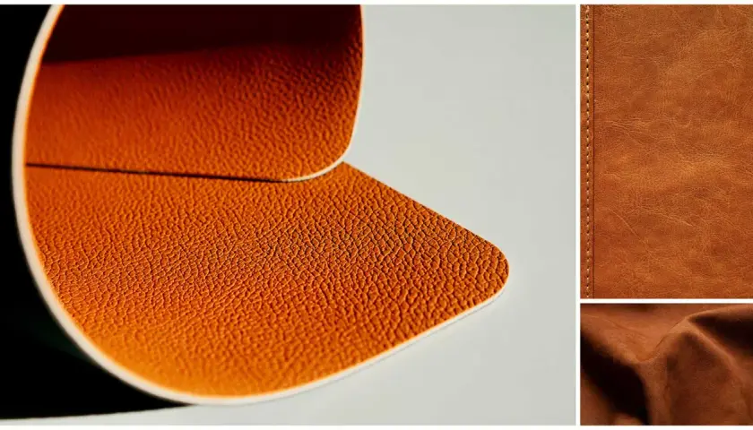 Gros plan sur des textures de cuir ou simili cuir marron, avec des détails de grain et de coutures.