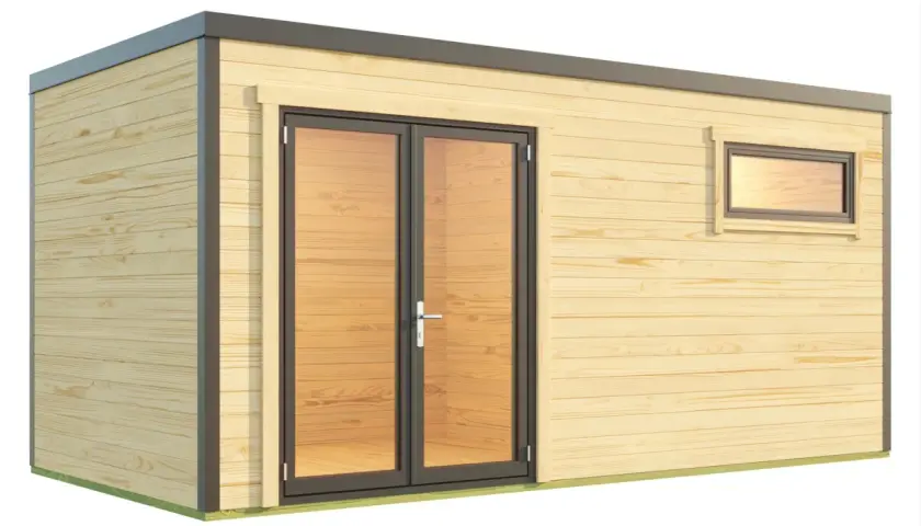 Modernes Gartenhaus mit Doppeltür und Fenster, ideal als Werkstatt oder Aufbewahrungsort.