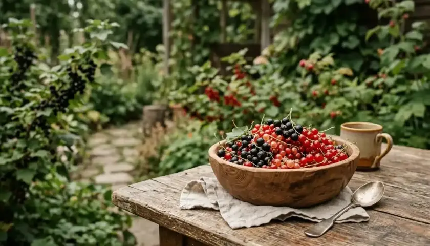 Schwarze Johannisbeeren und rote Johannisbeeren in einer Holzschale auf einem rustikalen Tisch im Garten. Ein Löffel und eine Tasse daneben.