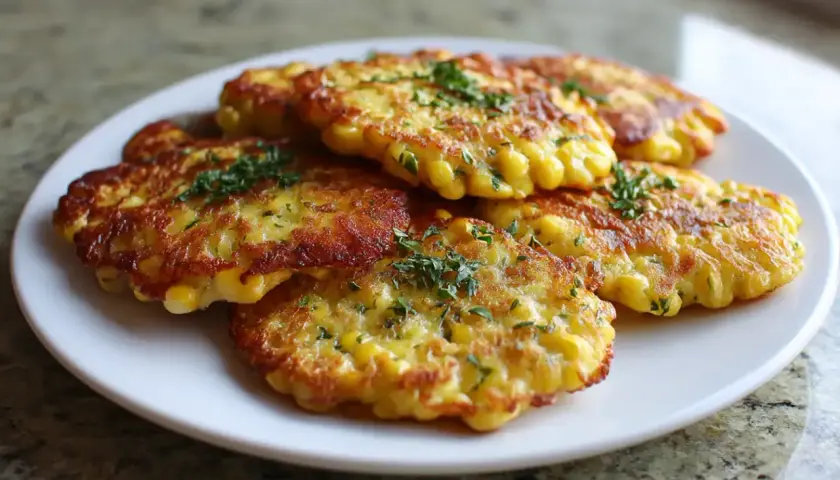 Une assiette de galettes de maïs dorées et garnies d'herbes fraîches. Un délice croustillant et savoureux.