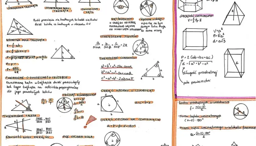 Wzór sumaryczny dla pola trójkąta: P = 1/2 * a * h. Rysunki geometryczne i wzory.
