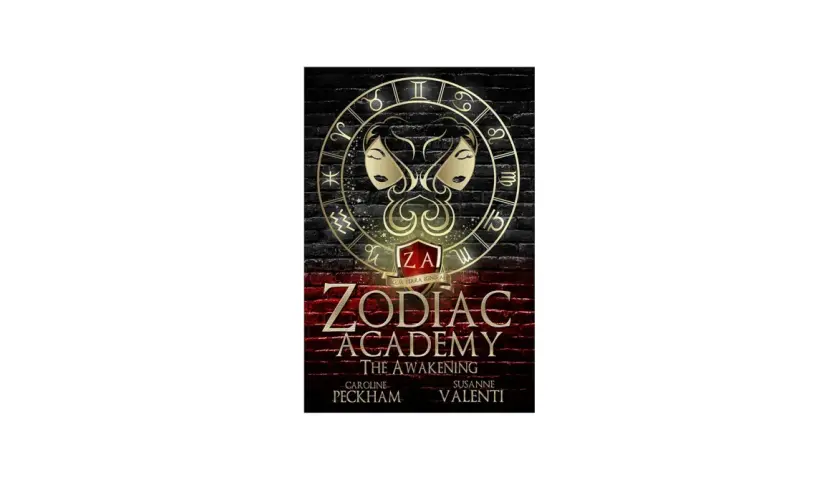 Okładka książki "Zodiac Academy po polsku". Złoty symbol bliźniąt na tle ceglanego muru.