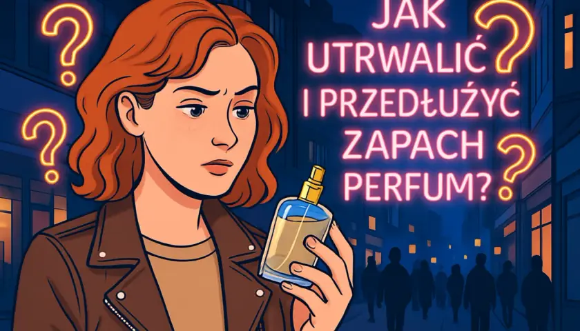 Kobieta z perfumami i znakami zapytania na tle nocnego miasta.