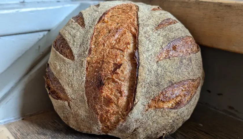 Ein goldbraunes Sauerteigbrot mit markanter Kruste und Einschnitten liegt auf einem Holzbrett. Die Frage "wie lange sauerteigbrot gehen lassen" beschäftigt Bäcker weltweit.