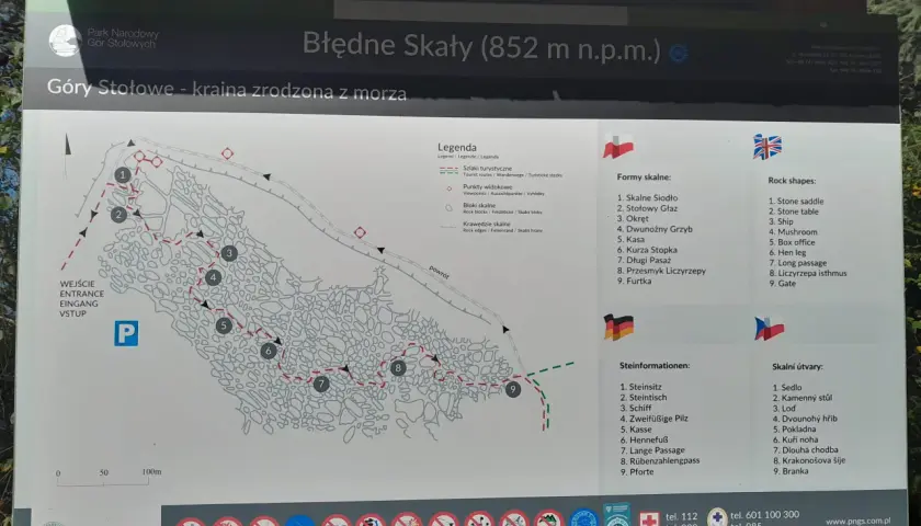 Mapa Błędnych Skał z opisem formacji i tras. Cennik nie jest widoczny, ale mapa pomoże zaplanować wycieczkę.
