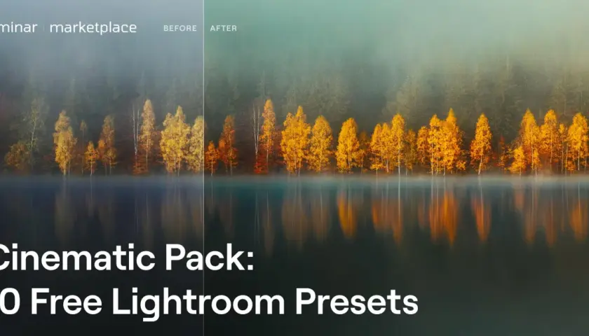 Przed i po: jesienny las nad jeziorem, zintensyfikowany dzięki darmowym presetom Lightroom.