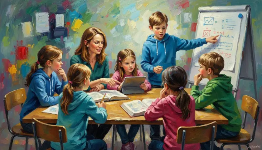Kinder lernen gemeinsam mit einer Lehrerin. Ein Junge erklärt etwas an einer Tafel. Dies ist ein Beispiel für soziales Lernen.