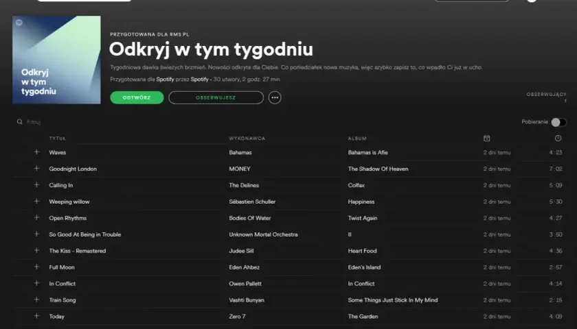 Odkryj w tym tygodniu - playlisty z idealnymi piosenkami alfabetycznie, od "Calling In" po "Waves".