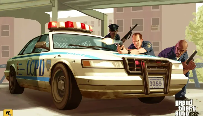 Policjanci z LCPD w akcji, gotowi do strzału. Może przydałyby się im **GTA 4 kody** na nieśmiertelność?