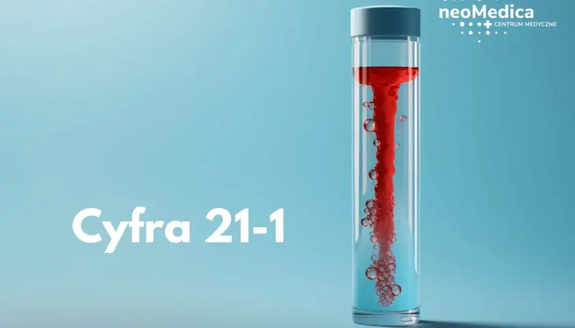 Cyfra 21-1: czerwona ciecz wiruje w probówce, tworząc pęcherzyki. Logo NeoMedica Centrum Medyczne.