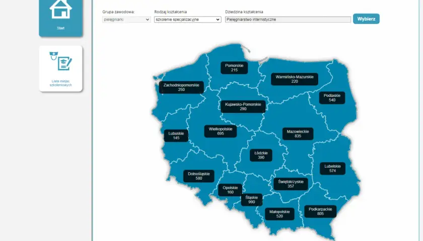 Mapa Polski z danymi o szkoleniach specjalizacyjnych dla pielęgniarek. Sprawdź, ile trwa specjalizacja pielęgniarska w różnych województwach.