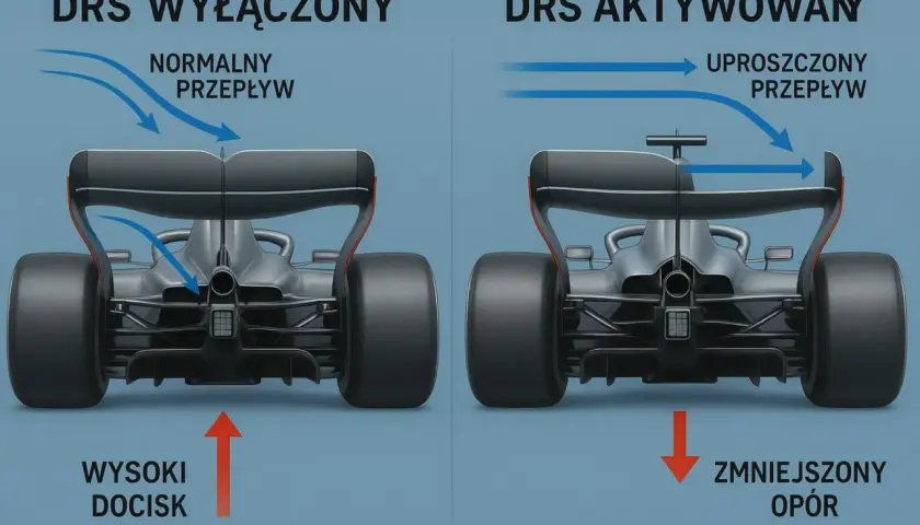 Bolid F1 z DRS wyłączonym generuje wysoki docisk, a z włączonym DRS zmniejsza opór powietrza.