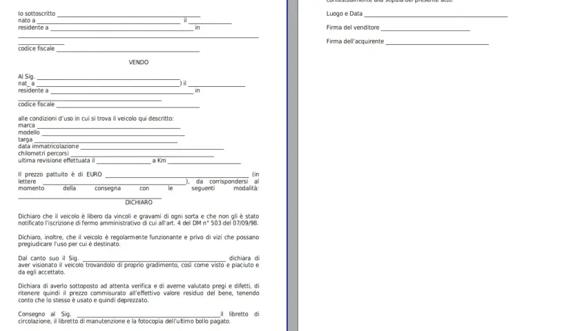 Scrittura privata per vendita auto tra privati. Documento con campi da compilare per dati venditore, acquirente, veicolo e accordi.