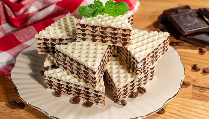 Stos pysznych wafli czekoladowych, udekorowany listkiem mięty, na talerzu z kawowymi ziarnami.