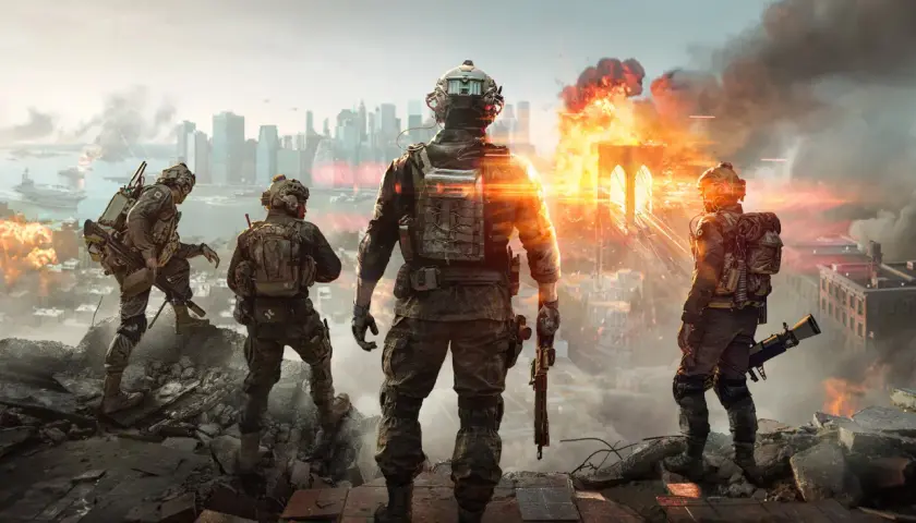 Żołnierze obserwują zniszczone miasto w kampanii Battlefield 6. Wybuchy i dym unoszą się nad mostem i budynkami.