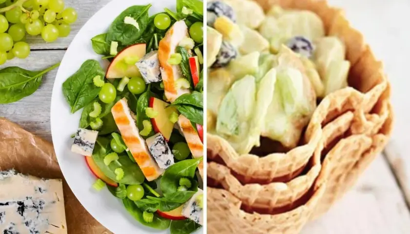Ensalada de pollo con espinacas, uvas, manzana y queso azul. Al lado, una ensalada cremosa servida en cucuruchos de helado.