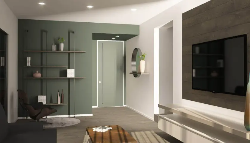 Un soggiorno moderno con parete verde, mensole, poltrona e TV. Un'idea su come colorare una parete per un look sofisticato.