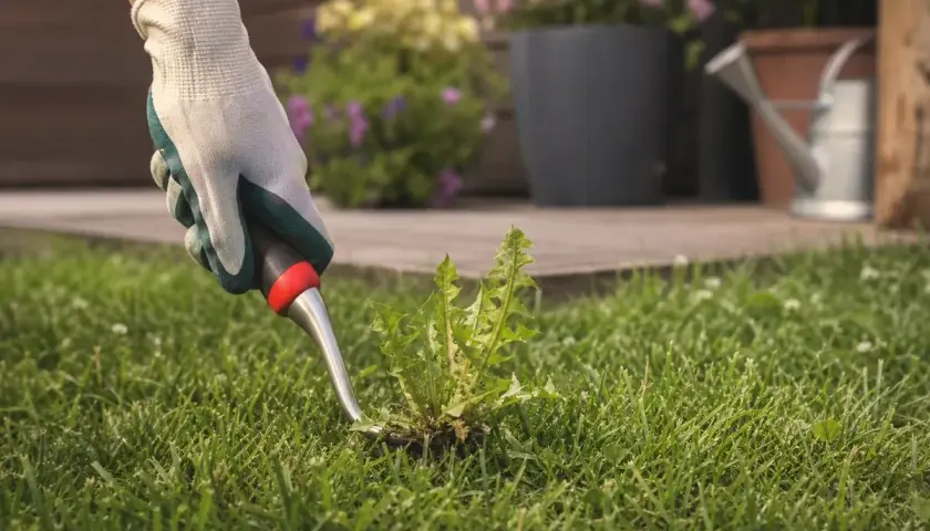 Gartenhandschuh mit Werkzeug entfernt Löwenzahn. Perfekt, wann Unkraut entfernen, für einen gepflegten Rasen.