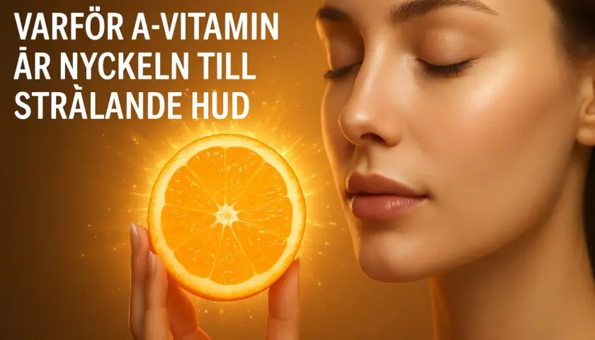 En kvinna med slutna ögon håller upp en apelsinskiva som lyser. Texten "Varför A-vitamin är nyckeln till strålande hud" antyder att vitaminet ger en frisk och glödande hud.