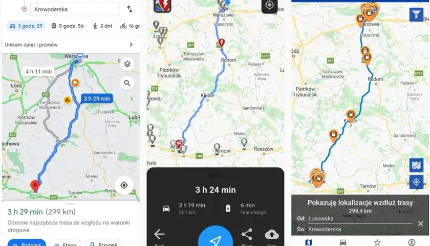 Trasa z Łukowskiej do Krowoderskiej, z zaznaczonymi stacjami ładowania, idealna dla współczesnych nomadów podróżujących elektrycznie.