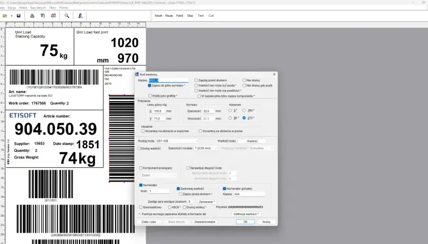 Etykieta z kodem GS1-128, zawierająca dane produktu, wagę i numer artykułu.