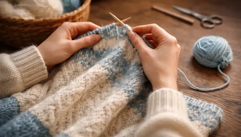 Ręce dziergają sweter z niebiesko-białej wełny. Na stole leżą kłębek wełny, druty i nożyczki.