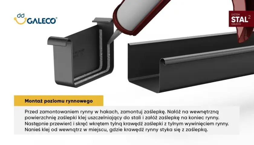 Aplikacja uszczelniacza na zaślepkę do rynny Galeco. Montaż poziomu rynnowego.
