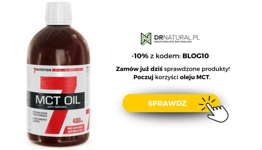 Butelka oleju MCT 100% naturalnego. Sprawdź korzyści oleju MCT, unikając potencjalnych skutków ubocznych. Zniżka -10% z kodem BLOG10.