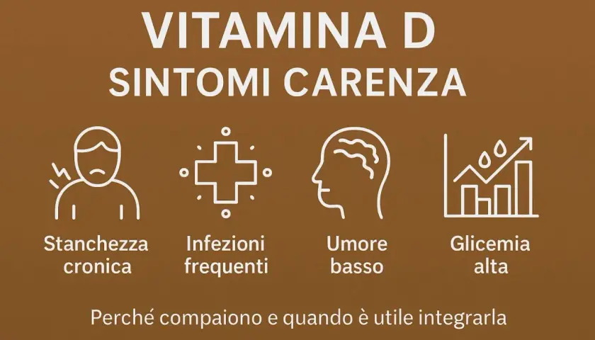 Carenza vitamina D: sintomi neurologici come stanchezza, umore basso, infezioni frequenti e glicemia alta.