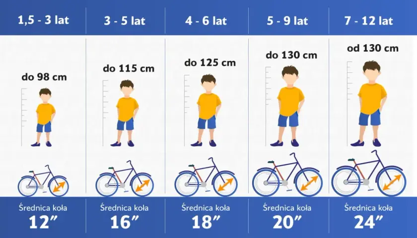 Tabela rozmiarów rowerów: rama 20 cali na jaki wzrost? Odpowiedni dla dzieci od 5 do 9 lat, do 130 cm wzrostu.