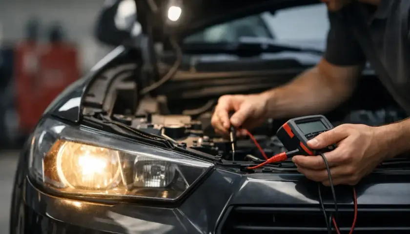 Mekaniker kontrollerar bilens elsystem med multimeter, kanske för att åtgärda dåligt halvljus.