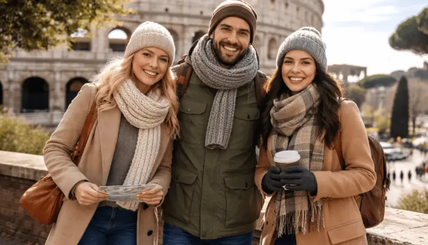 Tre amici sorridono davanti al Colosseo, vestiti a strati con cappelli e sciarpe. Perfetto per sapere come vestirsi a Roma in questi giorni!