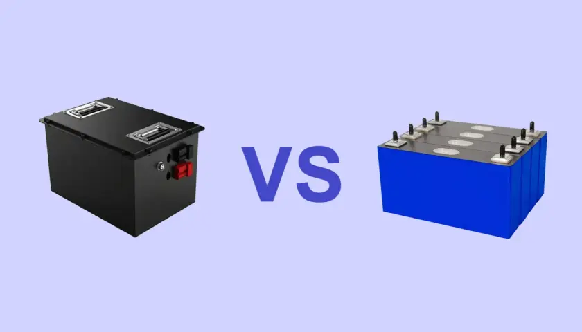 Comparaison de deux types de batteries pour voiture électrique : une noire, compacte et avec poignées, et une bleue, composée de plusieurs cellules.