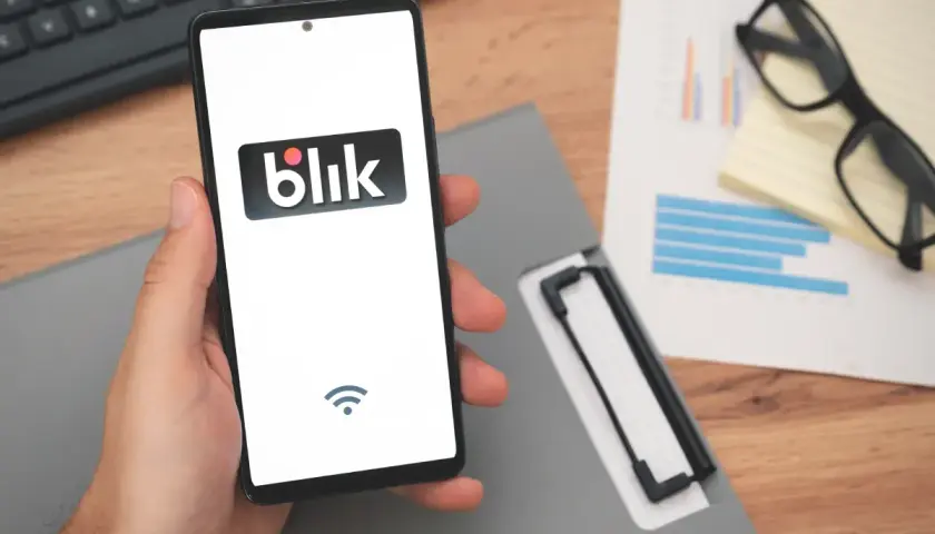 Dłoń trzyma smartfon z logo Blik. To szybki sposób na przelew blik na telefon jak odebrać pieniądze.