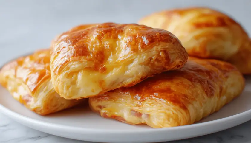 Croissants dorés et feuilletés, garnis d'un savoureux mélange de jambon et fromage fondant, sur une assiette blanche.