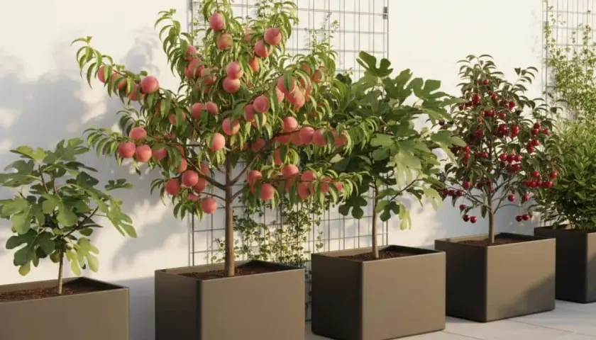 Arbre fruitier en pot, un pommier autofertile liste des variétés idéales pour le balcon, avec des pêches roses, des figues et des cerises rouges.