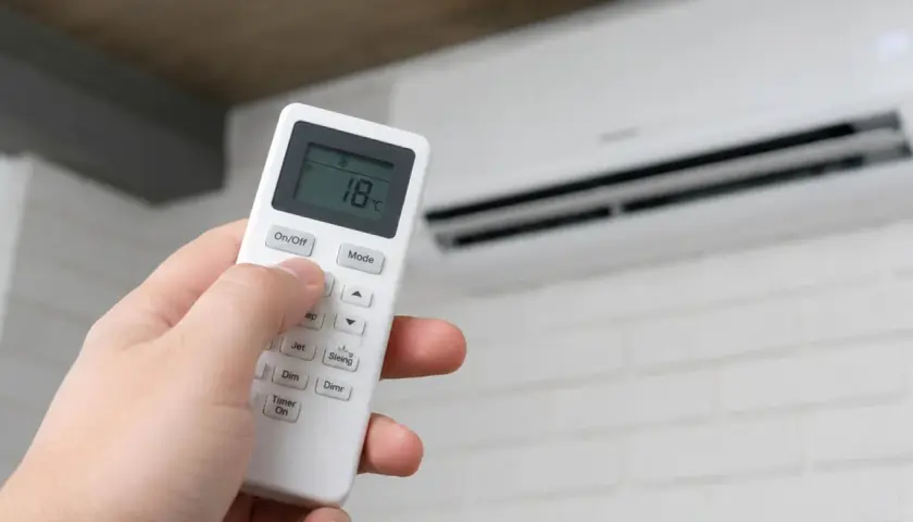 Mano ajustando el control remoto del aire acondicionado para un boost de aire fresco a 18°C.