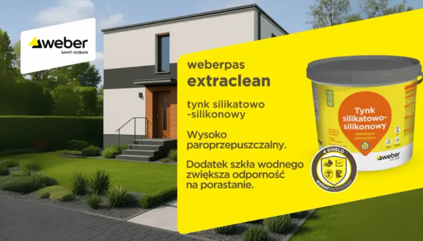Nowoczesny dom z białym i szarym tynkiem na ścianę. Obok wiadro z tynkiem silikatowo-silikonowym weberpas extraclean.