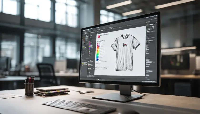 Un designer travaille sur un t-shirt. Il choisit des couleurs et un logo, se demandant "que veut dire bat" pour le design.