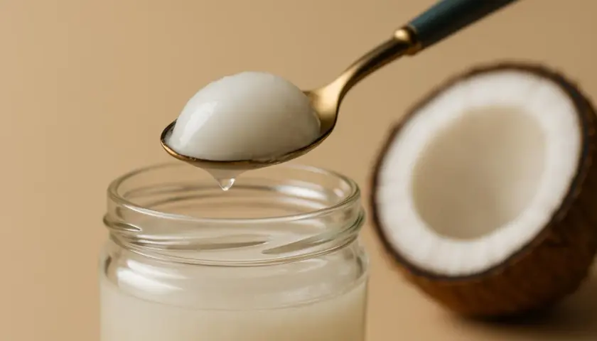 Olio di cocco a cosa serve? Un cucchiaio raccoglie il prezioso olio da un barattolo, accanto a un cocco tagliato a metà.