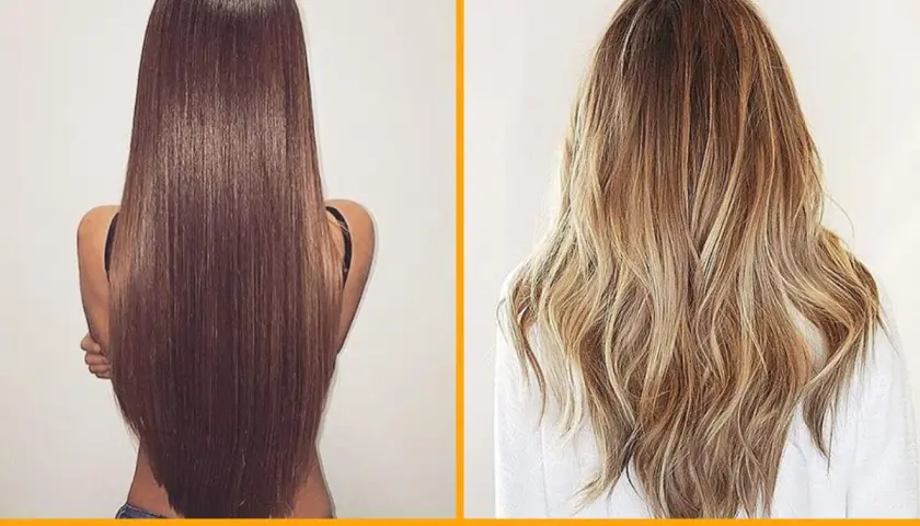 Dos estilos de cabello, uno liso y oscuro, otro rubio y ondulado, ambos con un corte pico que realza la forma.