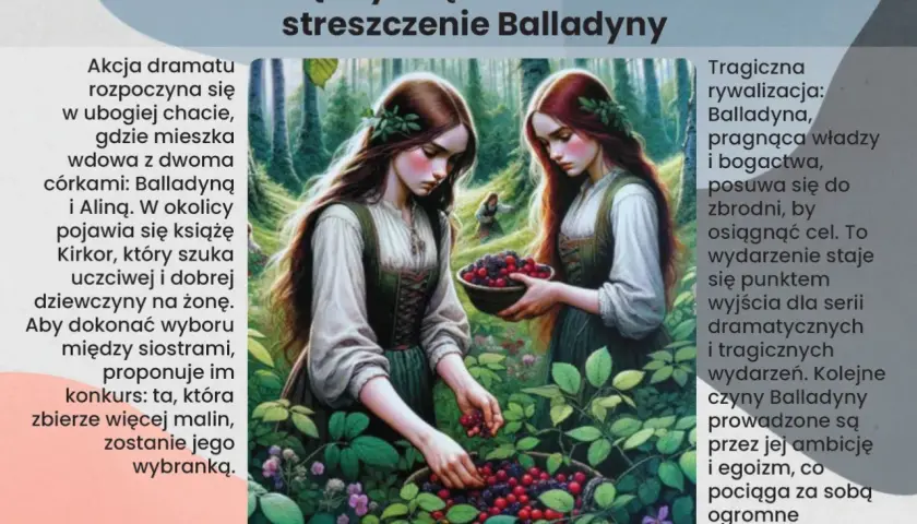 Dwie siostry zbierają maliny. Balladyna, pragnąc władzy, posunie się do zbrodni. Krótkie streszczenie Balladyny.