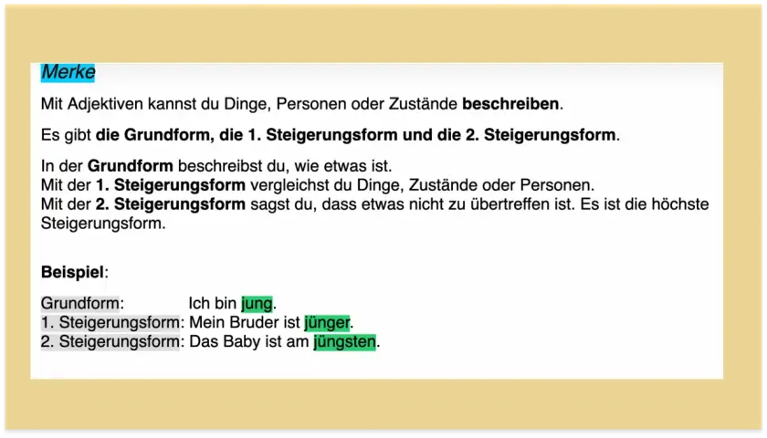 Text über Adjektive mit Beispielen für Grundform, 1. und 2. Steigerungsform.