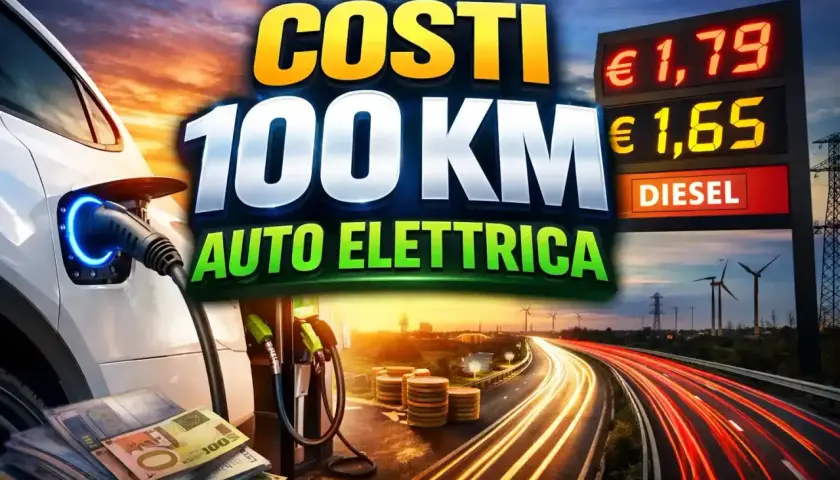 Confronto costi 100 km: auto elettrica vs diesel. Immagine con auto in carica, banconote, colonnine e prezzi carburante.