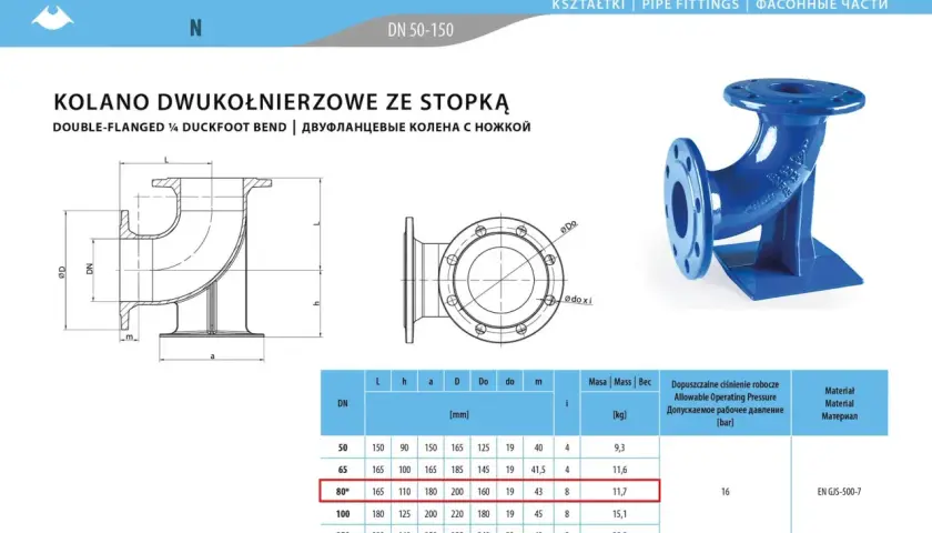 Kolano stopowe dn80, dwukołnierzowe, z podstawą, do instalacji rurowych. Wymiary i parametry techniczne.