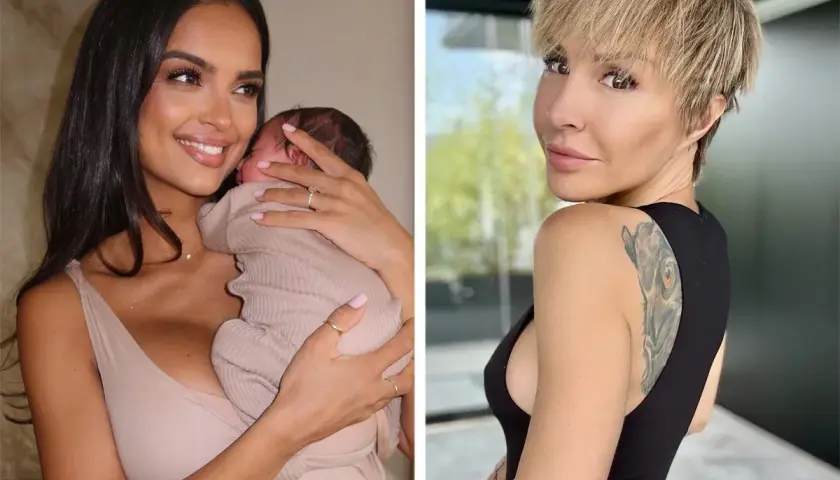 Uśmiechnięta kobieta trzyma noworodka, a obok niej stoi kobieta z krótkimi blond włosami i tatuażem. To piękna córka po francusku.
