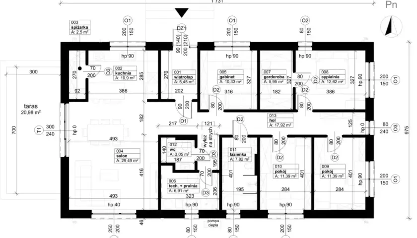 Plan parteru domu z podziałem na pomieszczenia: salon, kuchnia, sypialnie, łazienka, garderoba, hol, spiżarka, wiatrołap, techniczny. Wymiary i powierzchnie pomieszczeń. Etapy budowy domu kosztorys.