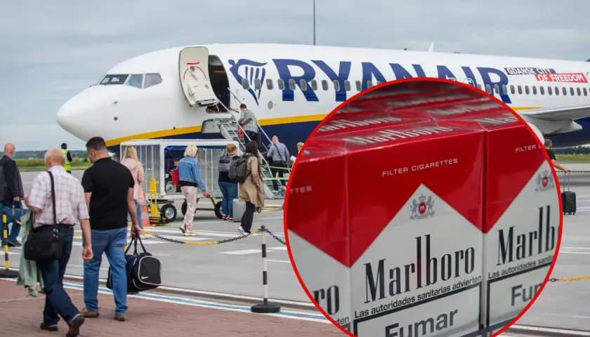 Pasażerowie wsiadają do samolotu Ryanair, a w tle widać paczki papierosów Marlboro. Zastanawiasz się, ile paczek papierosów można przewieźć samolotem?
